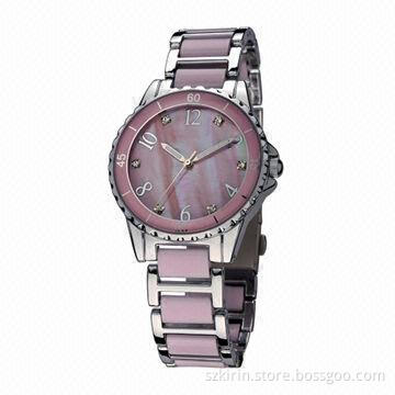 Jewelry watches, alloy case with crystals, alloy strap with plastic pieces, Japan movement